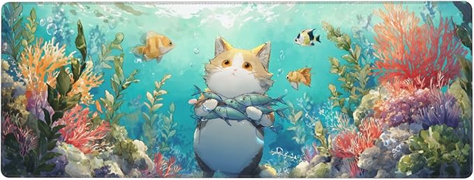Cat Fish Mouse Pad Extended Large Gaming Mouse Pad XL Stitched Edges for Gamer Home Office 31.5 X 11.8 Inch