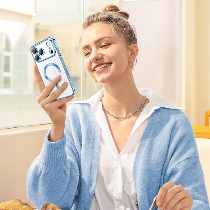 Hython Magnetic Clear for iPhone 17 Pro Max Case with Camera Lens Protector [Compatible with MagSafe] Plating Edge Slim Soft TPU Cover Protective Phone Case for iPhone 17 Pro Max 6.9", Light Blue