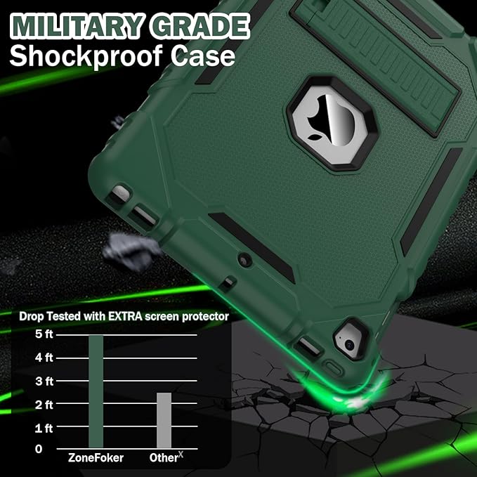 ZoneFoker 9.7" Case for iPad 6th/5th Generation 2018/2017, for iPad Air 2 / Air 1st / Pro 9.7, Heavy Duty Shockproof Protective 9.7 Inch Cover with Built-in Stand for i Pad 6 5 Gen(Deep Green)