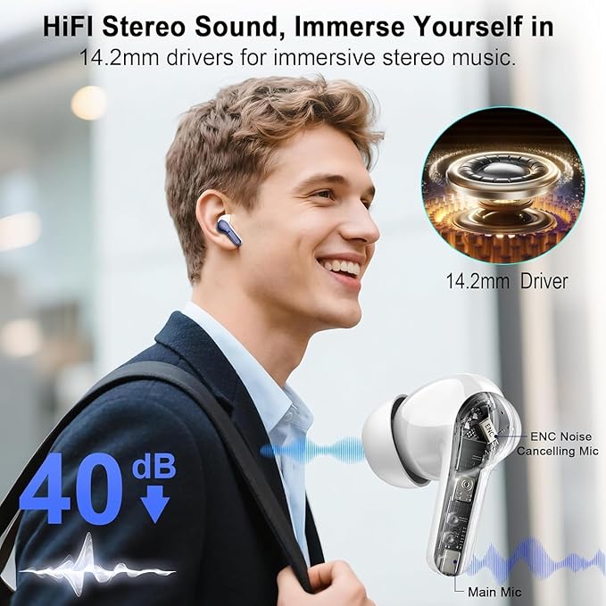 Wireless Earbuds, Bluetooth Headphones 5.4 HiFi Stereo, Ear Buds with 4 ENC Noise Cancelling Mics, 48H Bluetooth Earbuds with Dual LED Display, IP7 Waterproof in Ear Earphones for Android iOS, Blue