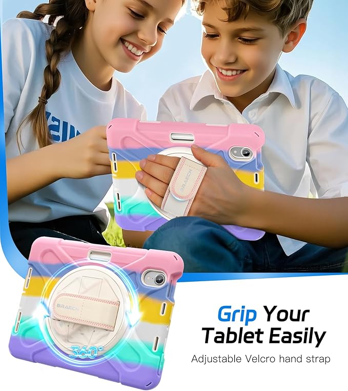 BRAECNstock Kids Case for Apple iPad mini 7 (A17 Pro) 2024/ Mini 6 8.3" Shockproof Protective iPad mini 7th/6th Gen Case with Screen Protector Pen Holder [Rotating Stand+Hand Strap], Colorful Pink