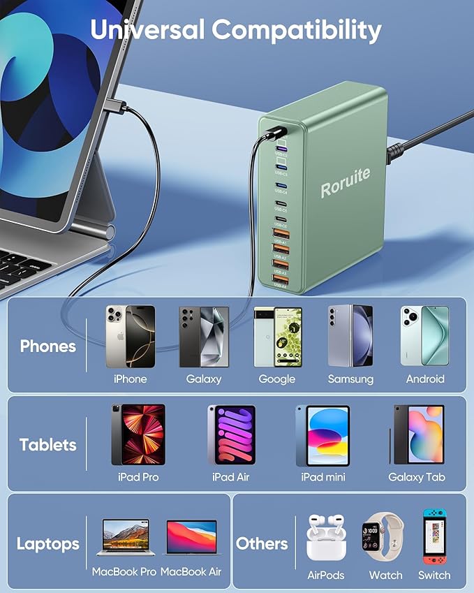 800W USB C Charging Station, 120W PD GaN5 Super Fast USB C Charger Block-10 Port, Type C for PC Laptop MacBook Pro/Air Charger Compatible with iPhone 17 16 15 14 13 12 Pro Max, iPad, Galaxy(Green)