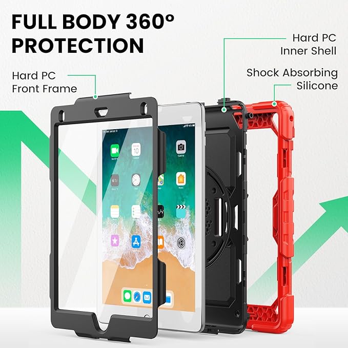 SEYMAC Case for iPad 6th/5th Generation 9.7 Inch, Full-Body Shockproof Heavy Duty Protective Case with Screen Protector, Rotating Stand/Hand/Shoulder Strap for iPad Air 2/ Pro 9.7, Red