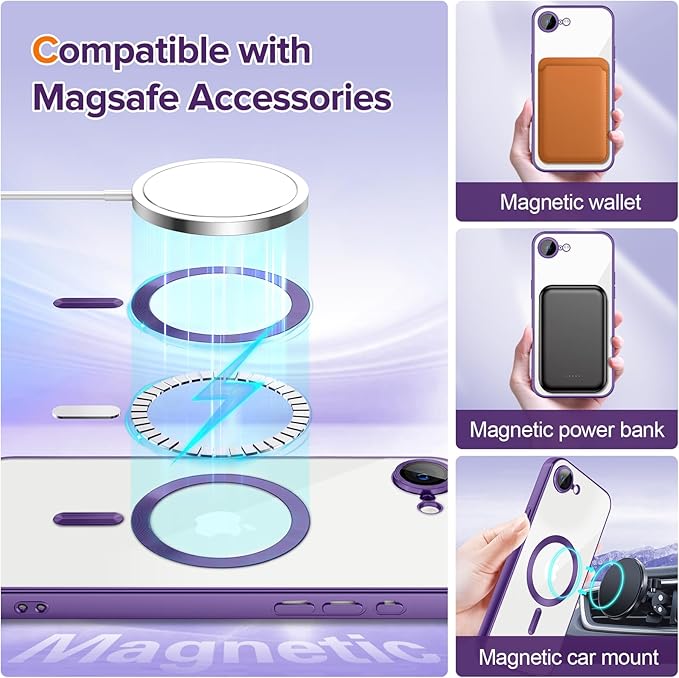 Hython Magnetic Clear for iPhone 17e Case with Camera Lens Protector [Compatible with MagSafe] Luxury Plating Edge Slim Soft TPU Cover Protective Phone Case for iPhone 17e 6.1", Matte Purple