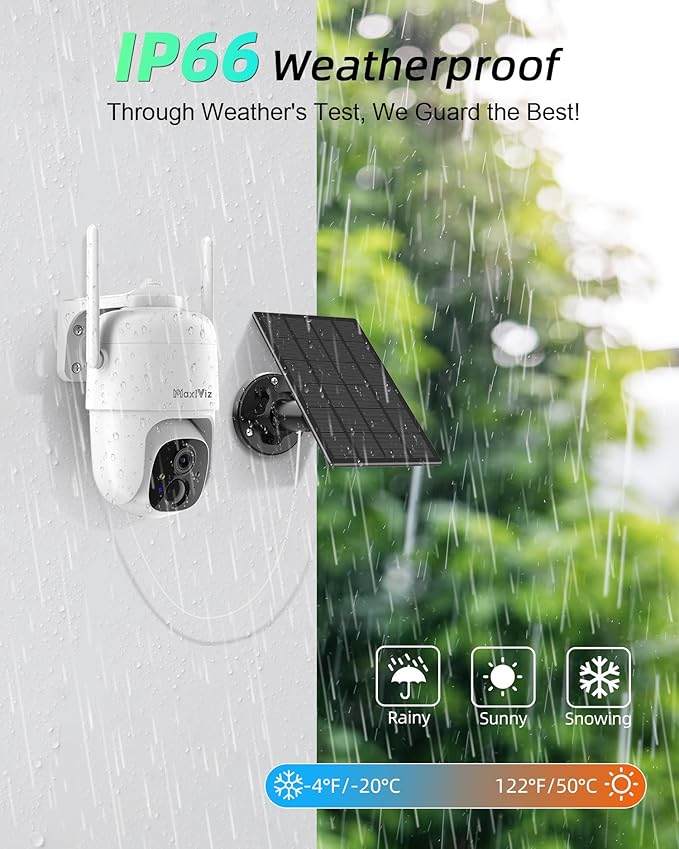 MaxiViz 2K Solar Camera Security Outdoor, 100% Wire-Free Security Cameras Wireless Outdoor with Solar Panel, 360° Panoramic View, Color Night Vision, AI Motion Detection, IP66 Weatherproof, 2 Pack