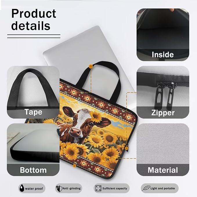 10 Inch Laptop Sleeve, Laptop Cover Computer Bag Tablet Carrying Case with Handle, Tribal Sunflower Cow Water-Repellent Tote Bags Notebook Sleeves Handbag Messenger Briefcase