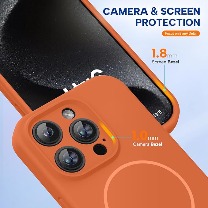 Miracase Magnetic for iPhone 15 Pro Case, [Soft Anti-Scratch Microfiber Lining], Compatible with MagSafe, Liquid Silicone Shockproof Drop Protection Phone Case for 15 Pro, Orange