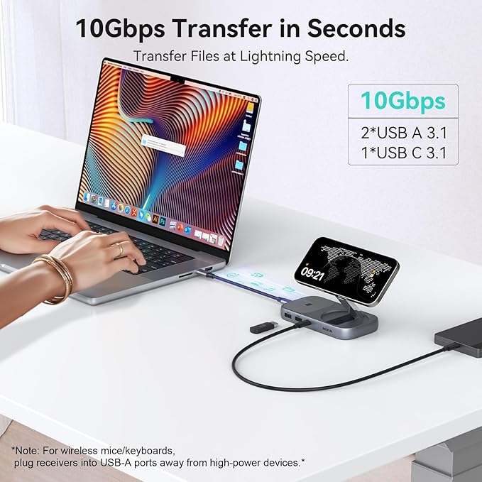 MOKiN USB C Hub with 15W Qi2 Wireless Charger, Laptop Docking Station to 4K HDMI, 100W PD, 10Gbps Ports, 15W+5W Wireless Charging Stand for iPhone 16/15/14/13 & Airpods, USBC Dock for MacBook/Windows