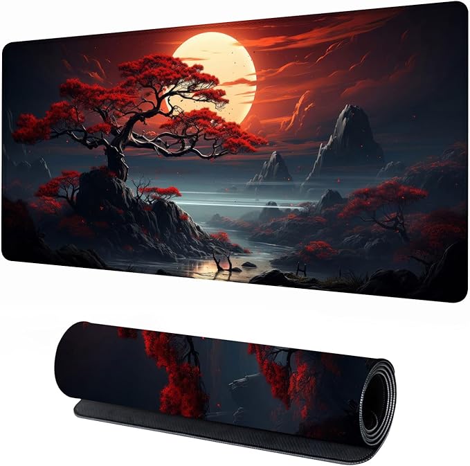 Japanese Dark Canyon Mouse Pad, Large Japanese Desk Mat, XXL Anime Gaming Keyboard Mat, Non-Slip Rubber Base & Stitched Edges, Big Extended Desk Protector for Home Office, 31.5”x15.7”