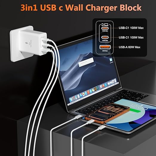 100W USB C Charger Block, 3-Port GaN Fast Wall Charger with 2 Cables [C-C & A-C], Travel Essentials PD Adapter for MacBook Pro, for iPhone 17/16/15, Samsung S25, for Home Office & Laptop - White