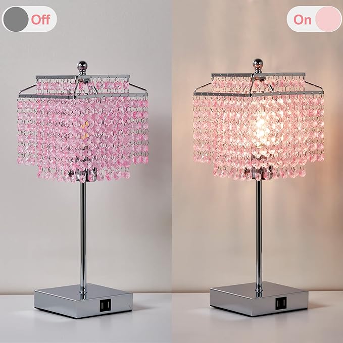 Luvkczc Crystal Touch Table Lamp, Bedside Lamp with USB C+A Ports, Pink Lamp, Dimmable Lamp with Crystal Shade, Nightstand Lamp for Girl Bedroom, Living Room, Bulb Included