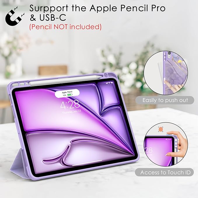 Soke Case for New iPad Air 11 Inch (M4/M3/M2, 2026-2024), iPad Air 5th/4th Generation 10.9 Inch (2020-2022) with Pencil Holder, Soft TPU Back Cover & Auto Sleep/Wake, Lilac Marble