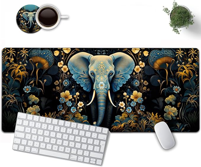 Large Mouse Pad, 31.5 x 11.8in Extended Gaming Mouse Pad with Stitched Edges, XXL Mousepad Protector Non Slip Rubber Base for Office Home Writing Mat,Flowers Ornate Elephant Pattern Black Desk Mat