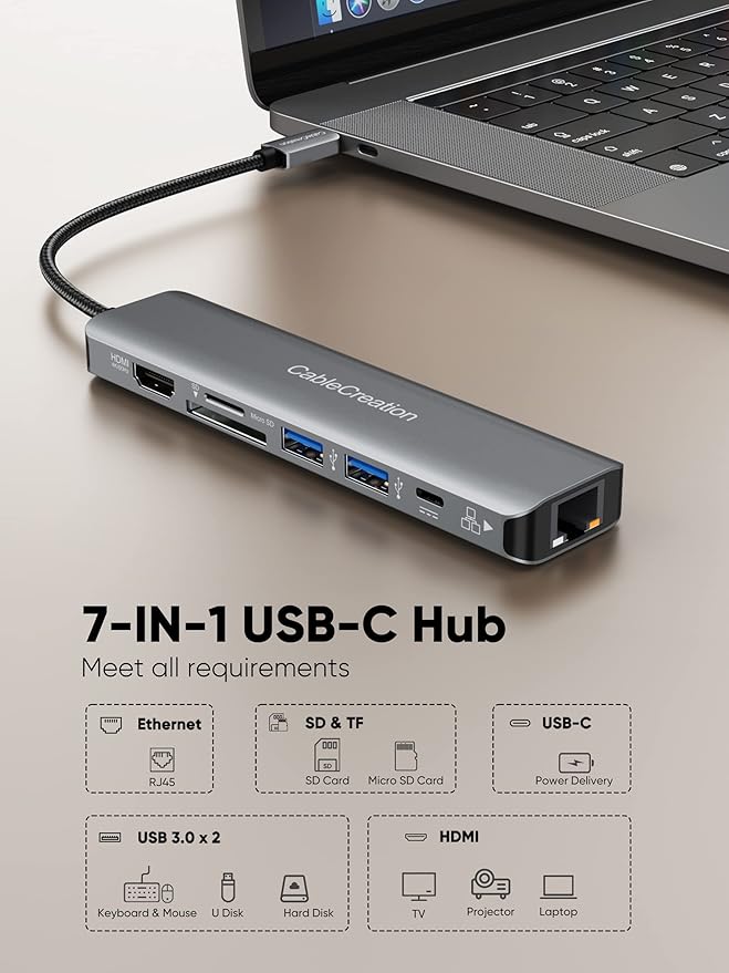 USB C Hub 4K 60Hz, CableCreation 7-in-1 USB-C Hub Multiport Adapter with 1Gbps Ethernet, HDMI, 2 USB 3.0 Ports, 100W PD and SD/TF Cards Reader, Compatible with Steam Deck MacBook Pro/Air, iPad Pro