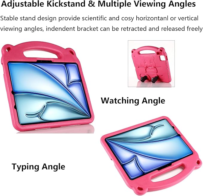 Kids Case for Apple iPad Pro 11 inch M5/M4 Tablet (2025/2024) with Handle/Kickstand Slim Lightweight Cute Soft EVA Foam Shockproof Folio Stand Protective Cover for Boy Girl Teens, Rose