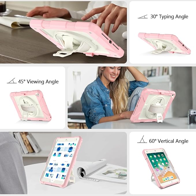 MENZO Shockproof Case for iPad 5th Gen/6th Gen/Air 2/Pro 9.7-inch with 360° Swivel Stand, Pencil Holder, Detachable Hand and Shoulder Strap, Beige+Pink