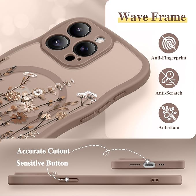 GVIEWIN for iPhone 15 Pro Case Compatible with MagSafe [Curly Wave Edge][Full Camera Protection] Floral Translucent Shockproof Magnetic Women Phone Case for iPhone 15 Pro 6.1'', Floratopia/Brown