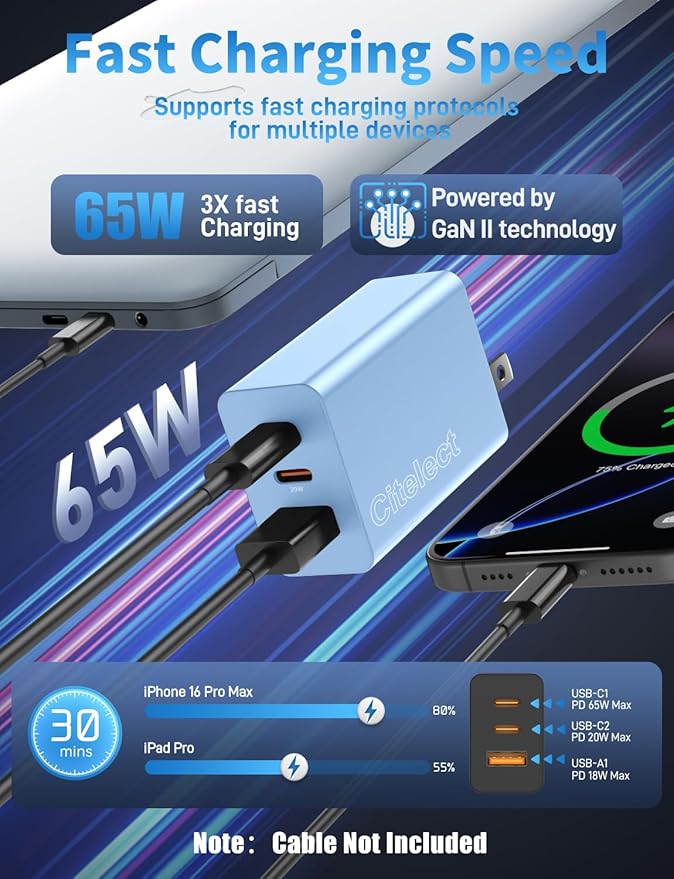 2Pack 65W USB C Charger Block, 3Port Fast Charging Adapter, Type C Fast Charging Blocks Cube PD USBC Wall Plug+QC3.0 USB A Charger Brick for MacBook Pro/Air,iPad,iPhone 17/16,Samsung S26/S25&More-Blue
