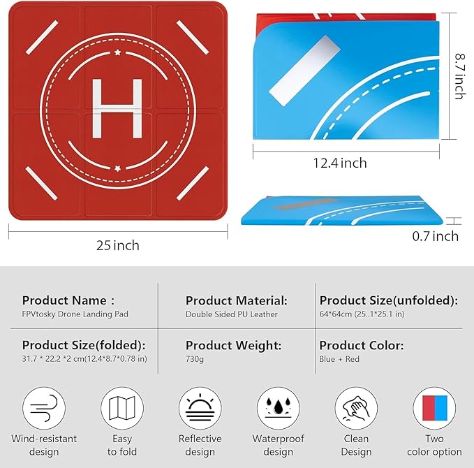 FPVtosky Drone Landing Pad Weighted, Nighttime Reflective & Foldable Launch Pad, Waterproof Helipad for DJI Mini 5/4/3 Pro/Mini 4k/Air 3S/Neo/Flip Drone Accessories (25 in)