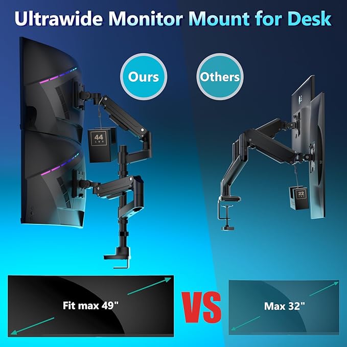 WALI Dual Monitor Mount for Ultrawide Heavy Duty Curved Monitor Stacking, Dual Monitor Arms Fits 13-49 Inch for Ultrawide Screens up to 44lbs, 49 inch Monitor Arm, Black