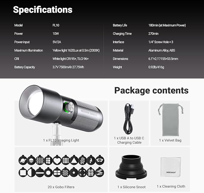 NEEWER Basics RGB Photography Flashlight,4 Colors/20 GOBO Filters/CRI95+/7500mAh,10W 6300K Portable LED Video Spotlight Patterned Ambient Aluminum Sunset Light for Recording Studio Lighting, USB, FL10