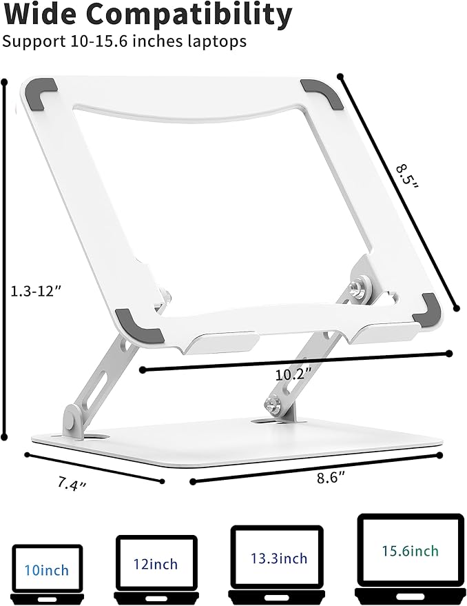 SOUNDANCE Laptop Stand for Desk, Portable Adjustable Laptop Riser, Ergonomic Design Computer Holder, Metal Laptop Mount Elevator Compatible with 10 to 15.6 Inches PC Computer, White