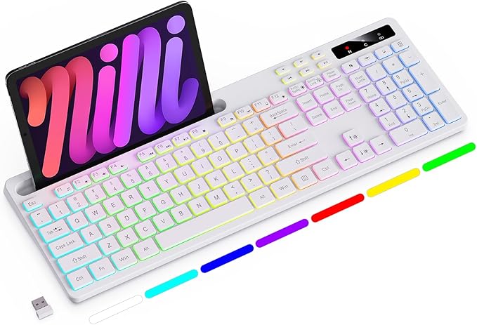 Soueto Wireless Keyboard with 7-Color RGB Backlit, Full-Size Computer Keyboard with Phone Tablet Holder, 2.4G Rechargeable Gaming Keyboard with Light Up Keys, Compatible with Mac, Windows (White)