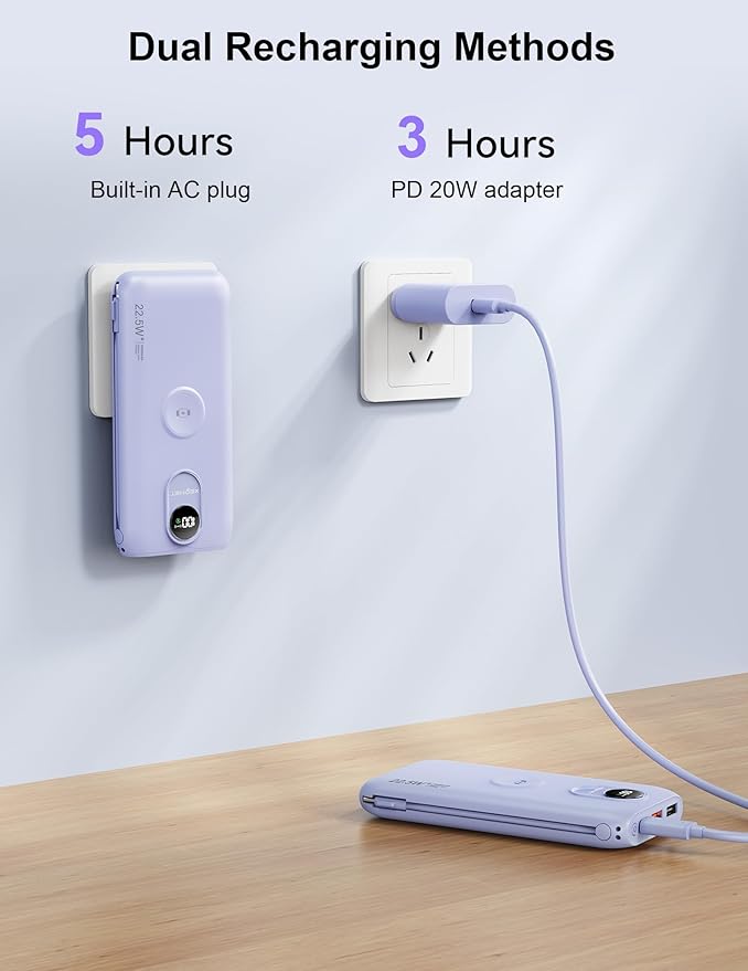 Portable Charger, 10000mAh 22.5W Power Bank Fast Charging with Wall Plug, Built-in Cables, LED Display, Compact Lightweight USB C Travel Battery Pack for iPhone 17/16, Android Cell Phone, Pad, iWatch