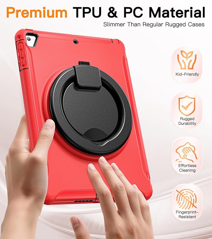 BATYUE Case for iPad 6th Generation 9.7 inch 2018, iPad 5th Gen 2017, iPad Air 2/ iPad Pro 9.7'',Shockproof Protective Cover with Pencil Holder &Rotating Kickstand for Kids,Boys,Girls, Red