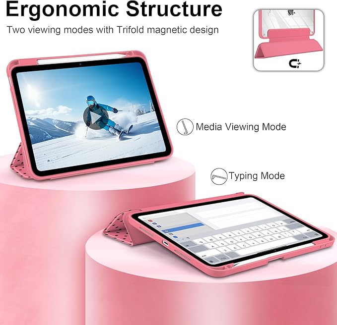 Case for iPad Pro 11 Inch (M5 2025 M4 2024) – [Built-in Pencil Holder], Shockproof & Stylish, Clear Hard Back + Soft TPU Edge, Magnetic Trifold Stand, Auto Wake/Sleep, Rose red Polka dot