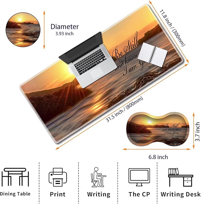 Durable Desk Mat + Wrist Rest Pad + Coasters Set, Large Gaming Office Mouse Pad 31.5 "x 11.8", Extended Non-Slip Rubber Keyboard Pad, Laptop & Home, Sunset Beach