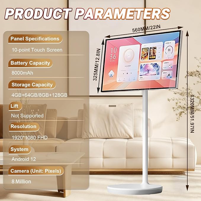 21.5" 24" 27" 32" Smart Mobile Monitor Portable Touch Screen TV with 8MP/13MP Camera Entertainment Display(4+64GB,32IN)