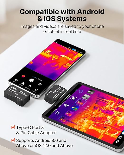 VEVOR Thermal Imaging Camera for Android & iOS, 512 x 384 Super Resolution, 25HZ Refresh Rate Infrared Thermal Imager for Smartphones Tablets, 256 x 192 IR Resolution, -4°F-1022°F & 6 Color Palettes