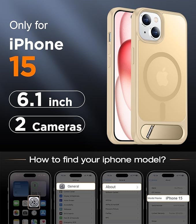 Magnetic Compatible with iPhone 15 Case, [Built-in Invisible Kickstand][Compatible with MagSafe] [Military Grade Shockproof] Slim Translucent Matte Phone Case for iPhone 15 6.1"-Light Brown