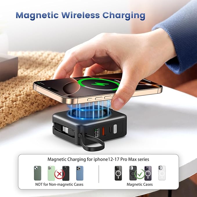 for Magsafe Portable Charger with AC Wall Plug, 6-in-1 Magnetic Wireless Power Bank 10000mAh Built-in Cables, 22.5W Type-C in&Out Fast Charging Battery Pack for iPhone17/16/15/14/13/12 Series, Black