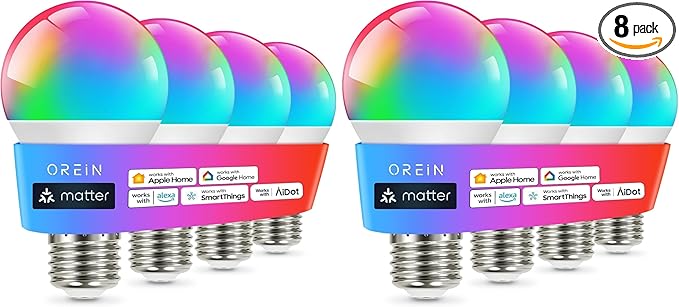OREiN Matter Smart Light Bulb, Smart Light Bulbs Work with Apple Home, Alexa, Google Home, SmartThings, A19 Color Changing Light Bulbs 2.4Ghz WiFi, 800 Lumens Equivalent 60W 4Pack (Pack of 2)