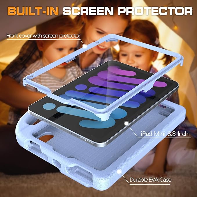Kids Case for iPad mini 7 (A17 Pro) 2024/ Mini 6 2021, iPad mini 7th/6th Generation Case with Screen Protector - Shockproof with Handle Stand Protective Cover for iPad 8.3 Inch, Light Blue