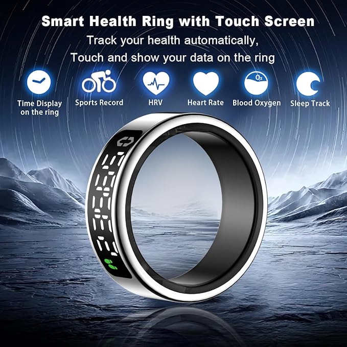 Smart Health Ring with Screen,for Women Men Fitness Tracker Heart Rate, Blood Oxygen, HRV, Sleep Monitoring, Step Counting, IP68 for iPhone and Android, No Subscription Fee (Silver, 9#)