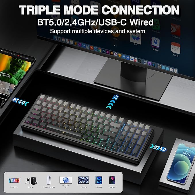 AULA F99 Wireless Mechanical Keyboard,Gasket Structure Hot Swappable Custom Keyboard,RGB Backlit,Creamy Sound,Side Printed PBT Keycaps,2.4GHz/USB-C/BT5.0 Computer Gaming Keyboards
