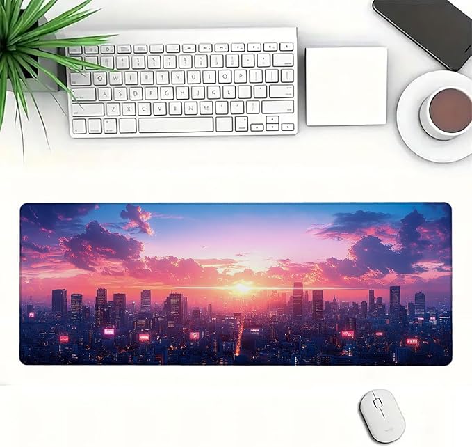 Cyber Desk Mat Neon Light Retro Futuristic Gaming Mouse Pad Mat with Stitched Edge Non-Slip Base Big Mouse Pad Designed for Laptop, Monitor, and Typing Comfort 31.5x11.8 Inch