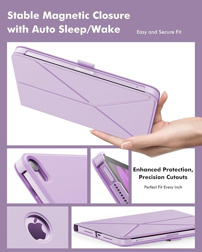 INFILAND Case for iPad mini 7 (A17 Pro) 2024 / iPad mini 6 2021, Magnetic Origami Slim Protective Case, Book-Style Foldable Cover with Pencil Holder, Multi-Angle Stand, Auto Wake/Sleep, Purple