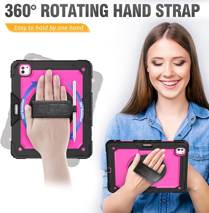 HXCASEAC for iPad Pro 13 Inch Case (M5/M4) 2025/2024, Shockproof Design with Pencil Holder, Protector, Rotating Stand, Hand Strap, Heavy Duty Protective iPad Pro13 Cover A3360 A3361 A2925 A2926, Rose