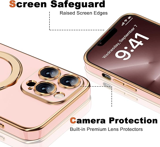 Compatible with iPhone 13 Pro Case with Invisible Magnetic Ring Stand [Compatible with Mag-Safe] [Full Camera Lens Protector] Soft Plating Phone Case for iPhone 13 Pro 6.1", Solid Pink