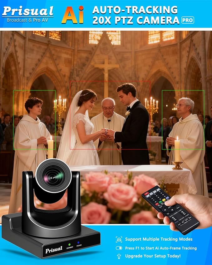 Prisual PTZ Camera System Gen 5, Advanced AI Auto Tracking, 20X Optical Zoom, PoE HDMI SDI Bundle PTZ for Church Worship Conference, PTZ Controller, (PTZ Bundle TEM-20S PROx2+TEM-JOY1)
