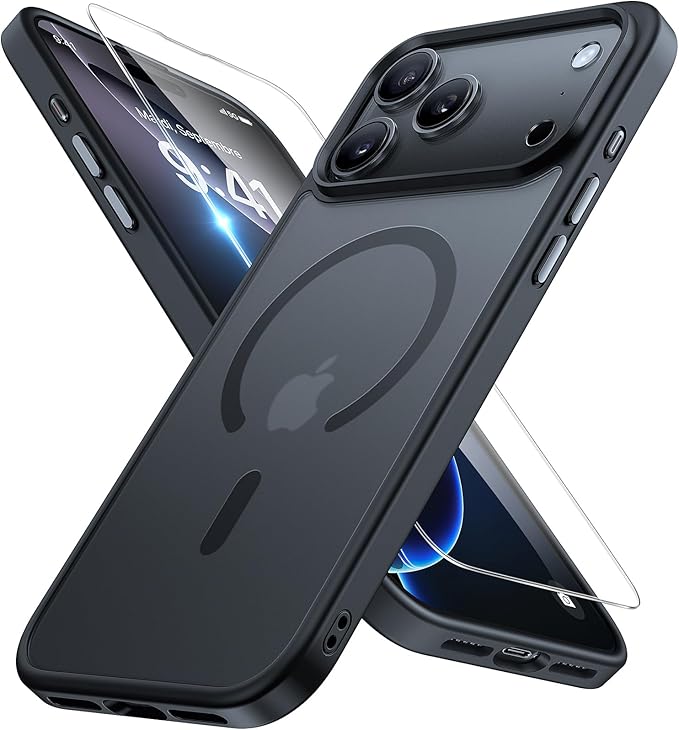 Miracase Magnetic for iPhone 17 Pro Case 6.3" with Screen Protector, [Compatible with MagSafe] Military-Grade Protection, Anti-Fingerprint, Slim Thin Phone Case for iPhone 17 Pro Cover, Black