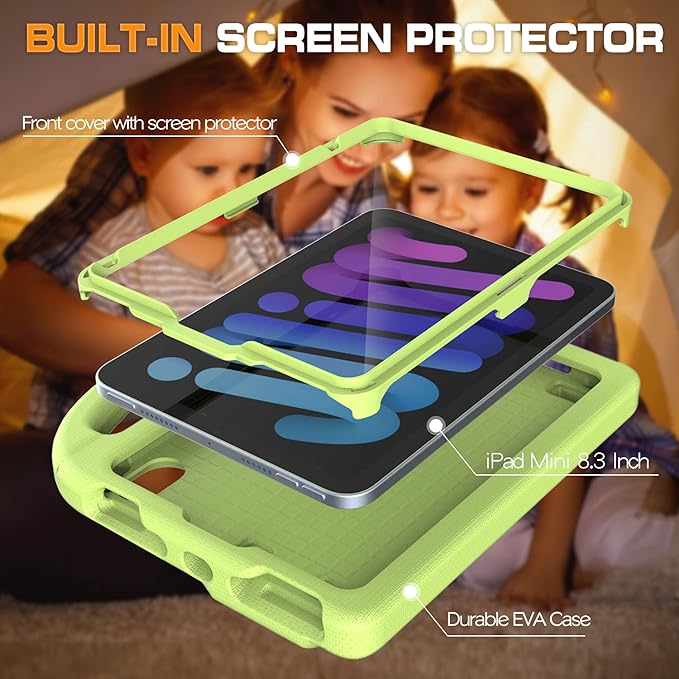 Kids Case for iPad mini 7 (A17 Pro) 2024/ Mini 6 2021, iPad mini 7th/6th Generation Case with Screen Protector - Shockproof with Handle Stand Protective Cover for iPad 8.3 Inch, Lime Green