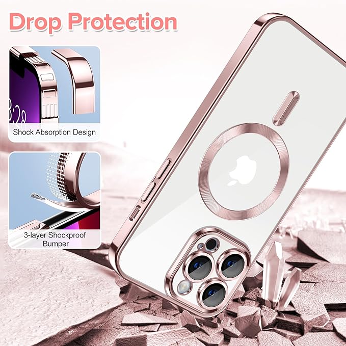 Hython Magnetic Clear for iPhone 13 Pro Max Case with Camera Lens Protector [Compatible with MagSafe] Plating Edge Slim Soft TPU Cover Protective Phone Case for iPhone 13 Pro Max 6.7", Pink