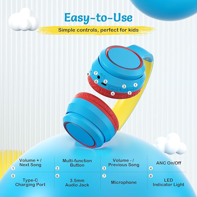 TONOSHARK Kids Bluetooth Headphones with Active Noise Cancelling, Wireless Over-Ear Headphones for Boys Girls, Foldable, Adjustable,for School Trave (Blue red)