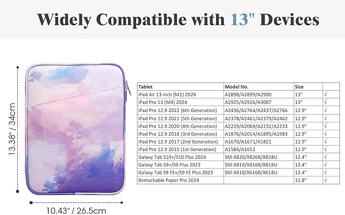 TiMOVO 13 Inch Tablet Sleeve with Pocket for iPad Air 13" M3 2025, iPad Pro 13"/12.9", Galaxy Tab S9/S10 Plus/S9 FE+ 12.4", Remarkable Paper Pro 11.8", Watercolor Purple