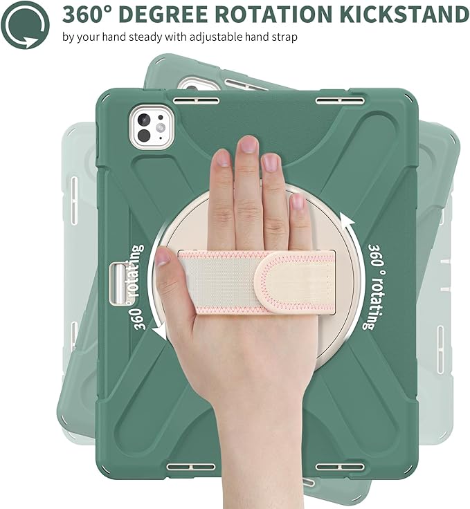 Batianda Case for iPad Pro 13-inch 2025 M5 2024 M4 Chip Heavy Duty Rugged Durability Silicone Tablet Cover with 360° Rotating Hand Strap Foldable Hidden Stand & Shoulder Strap, Sea Green